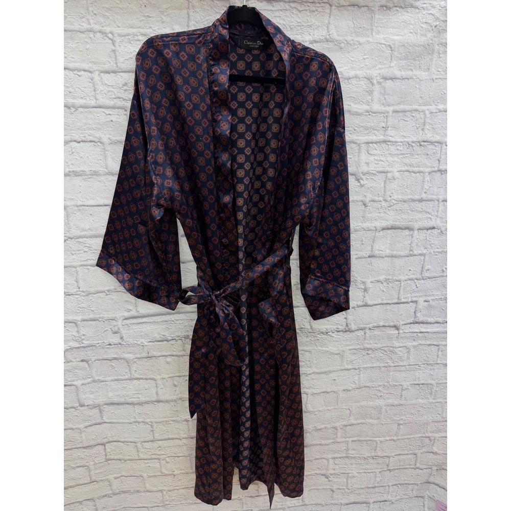 Christian Dior Monsieur Mens Satin Robe Navy Blue Print One Size Vintage - Picture 11 of 11